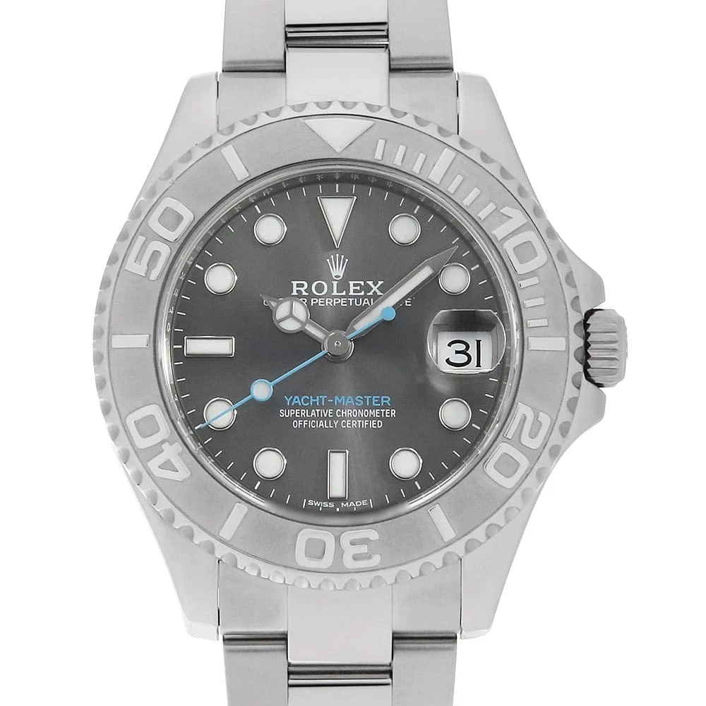 ROLEX YACHT MASTER ROLESIUM SLATE WATCH: ROLEX Yacht Master Rolesium slate Watch Brand: ROLEX Type: Wrist watch Material: Band Material Stainless Steel, Case Material Stainless Steel/Platinum Color: Dial Color Slate Size: Band Size 18.5c
