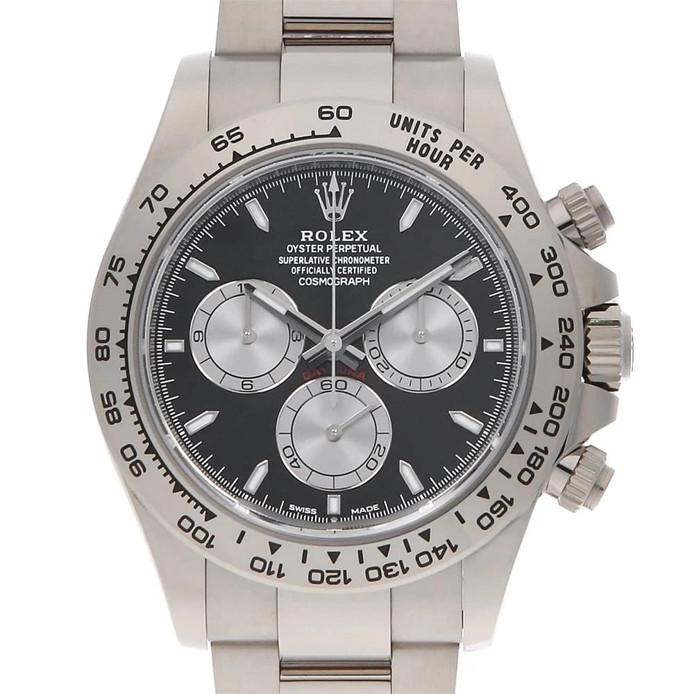 ROLEX COSMOGRAPH DAYTONA BLACK STEEL WATCH: ROLEX Cosmograph Daytona black Steel Watch Brand: ROLEX Type: Wrist watch Material: Band Material White Gold, Case Material White Gold Color: Dial Color Black Size: Band Size 19cm (7.5inch), Case