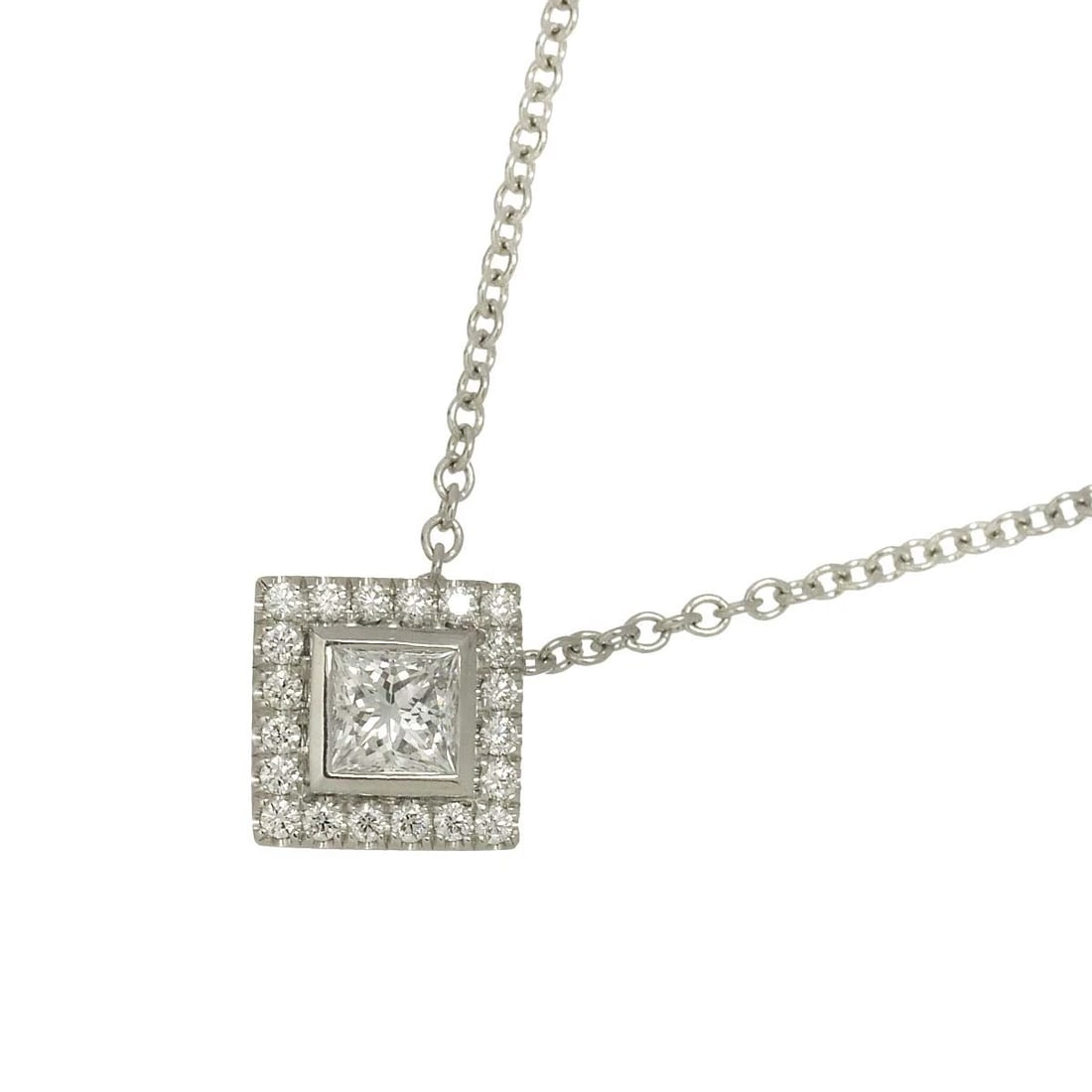 TIFFANY CO. SQUARE DIAMOND NECKLACE PLATINUM: TIFFANY Co. Square Diamond Necklace Platinum Brand: TIFFANY Co. Type: Necklace Material: Platinum, Color: Platinum Size: internal circumference of the chain:15.7inch Top Charm(max):W 9 X H9mm