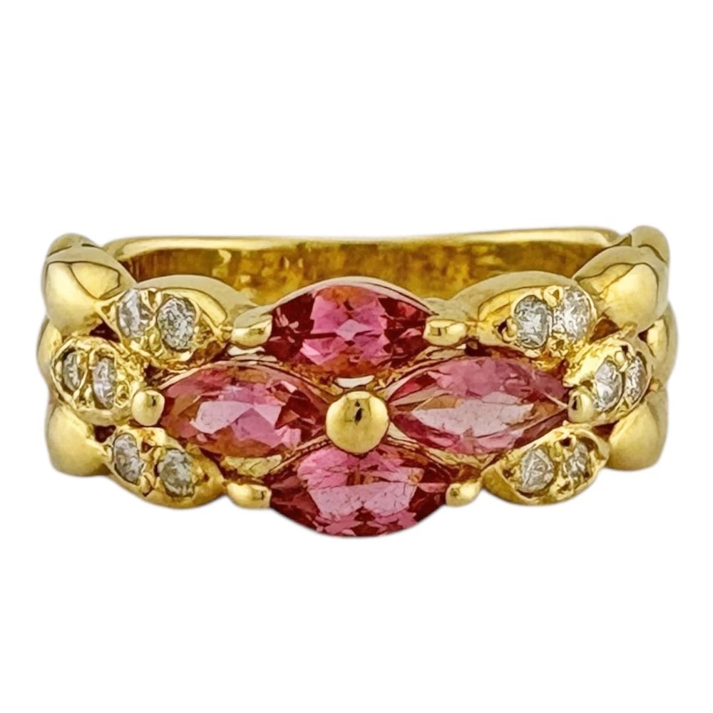 RING K18 YELLOW GOLD PINK TOURMALINE DIAMOND: Ring K18 yellow gold Pink tourmaline diamond Brand: Unbranded Type: Ring Material: K18 yellow gold Main Stone/Creation Pink tourmaline Color: gold Size: US 4 3/4 Accessories: None Accessori
