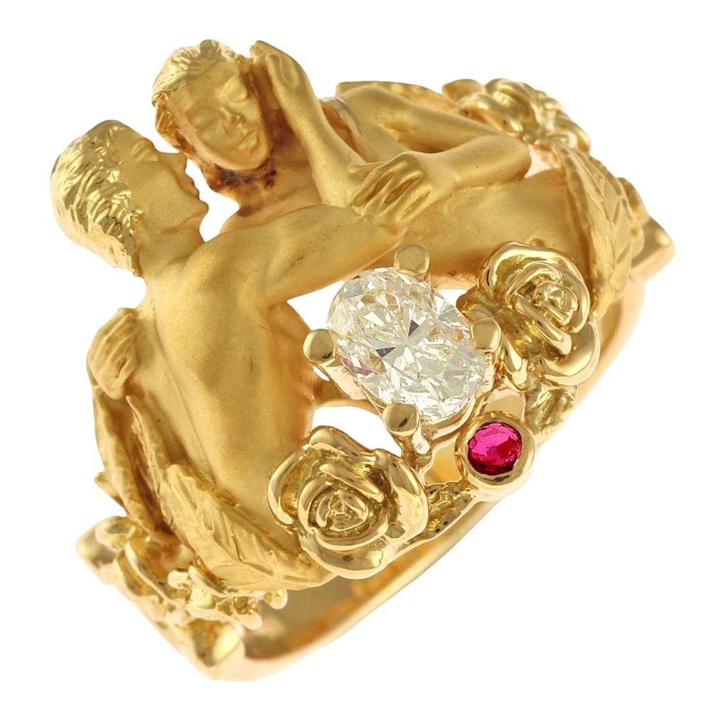 RING K18 YELLOW GOLD RUBY DIAMOND ADAM AND EVE: Ring K18 yellow gold Ruby diamond Adam and Eve Brand: Unbranded Type: Ring Material: K18 yellow gold Main Stone/Creation Ruby Color: gold Size: US 8 Accessories: None Accessories Notice: W