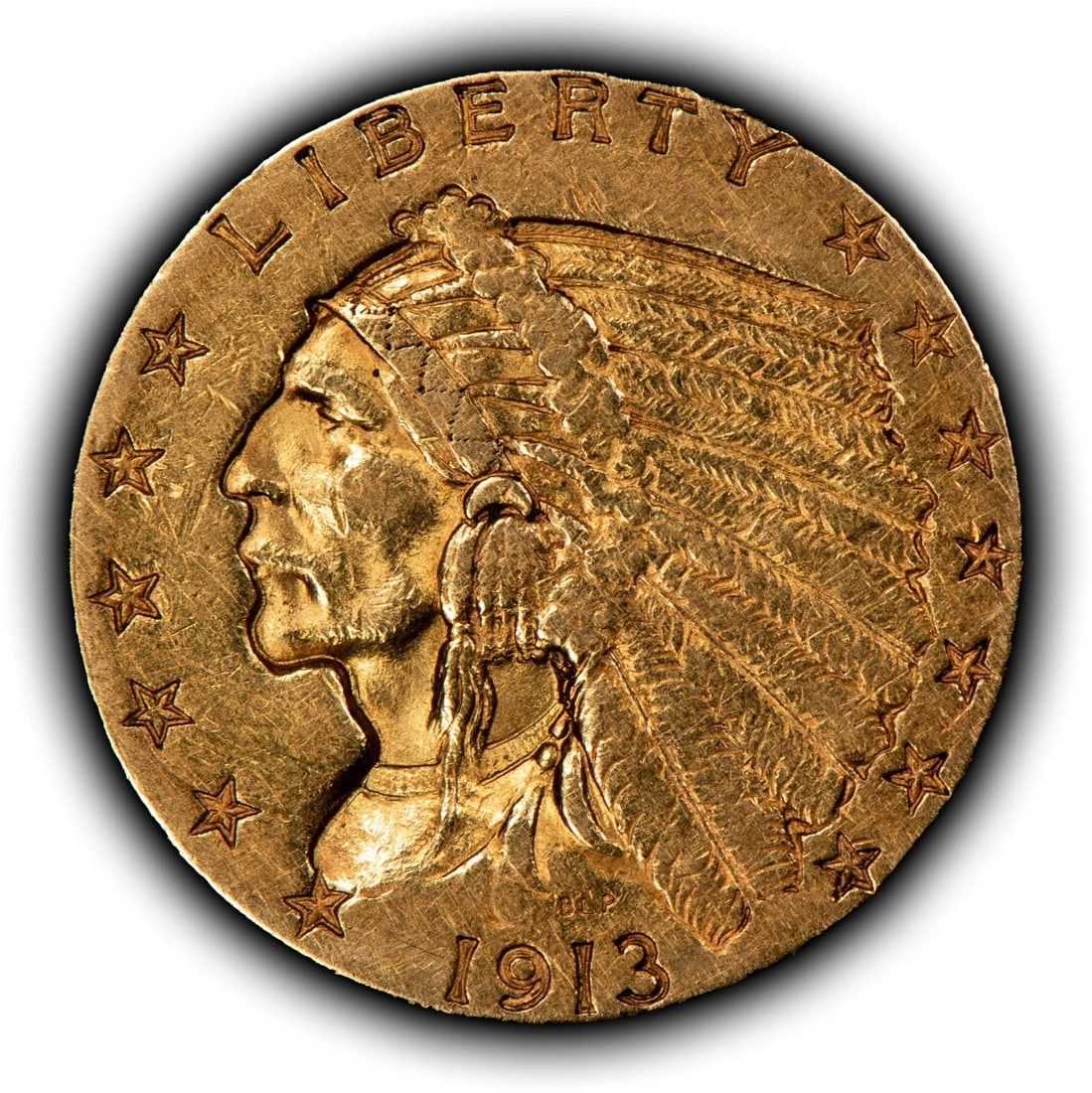 1913 G$2.50 INDIAN HEAD GOLD QUARTER EAGLE: 1913 G$2.50 Indian Head Gold Quarter Eagle Brand/Mint: U.S. Mint Year: 1913 Fineness: 0.9 Composition: Gold Coin: US Pre-1933 Gold Bullion Denomination: $2.50 Country of Origin: United St