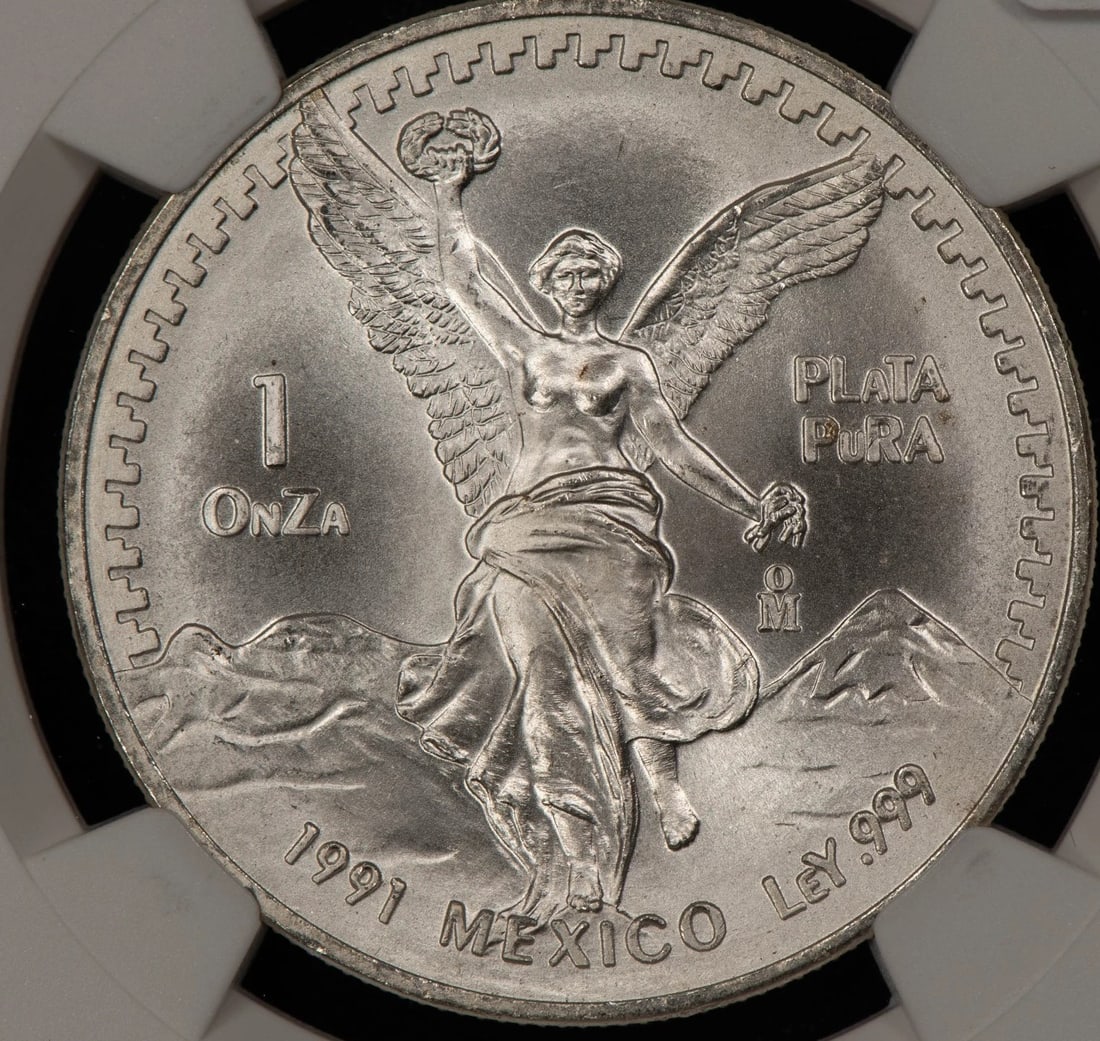 1991-MO MEXICO 1 OZ SILVER LIBERTAD: 1991-Mo Mexico 1 oz Silver Libertad Brand/Mint: Mexican Mint Year: 1991 Fineness: 0.999 Composition: Silver Coin: Mexican Libertad Denomination: None Country of Origin: Mexico Ac