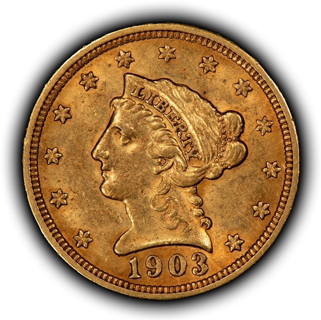 1903 G$2.50 LIBERTY HEAD GOLD QUARTER EAGLE: 1903 G$2.50 Liberty Head Gold Quarter Eagle Brand/Mint: U.S. Mint Year: 1903 Fineness: 0.9 Composition: Gold Coin: US Pre-1933 Gold Bullion Denomination: $2.50 Country of Origin: United S