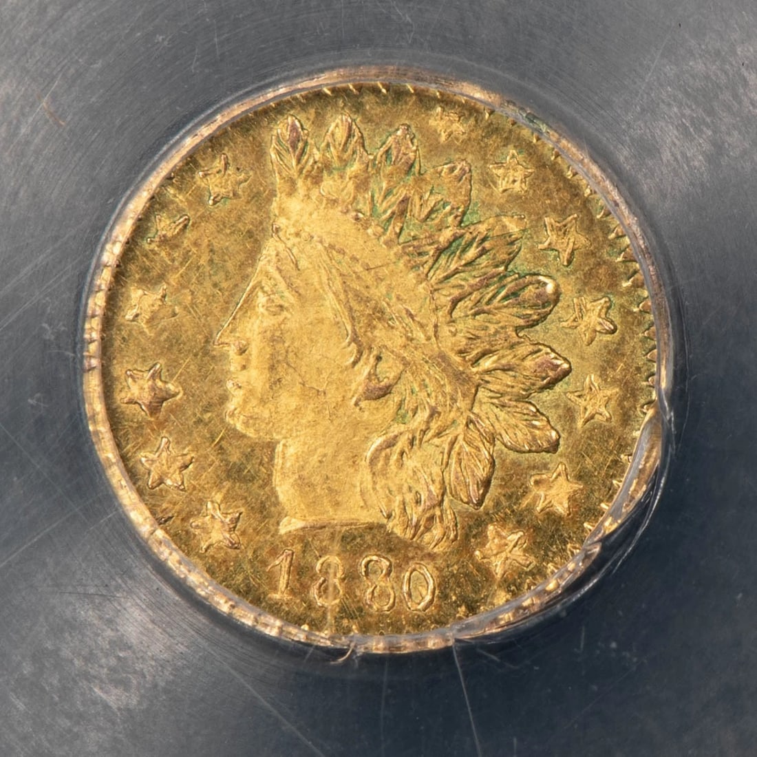 1880/76 25C CALIFORNIA GOLD 1/4 DOLLAR INDIAN WREATH: 1880/76 25c California Gold 1/4 Dollar Indian Wreath Brand/Mint: None Year: Fineness: Composition: Gold Coin: None Denomination: 25c Country of Origin: United States Accessories: