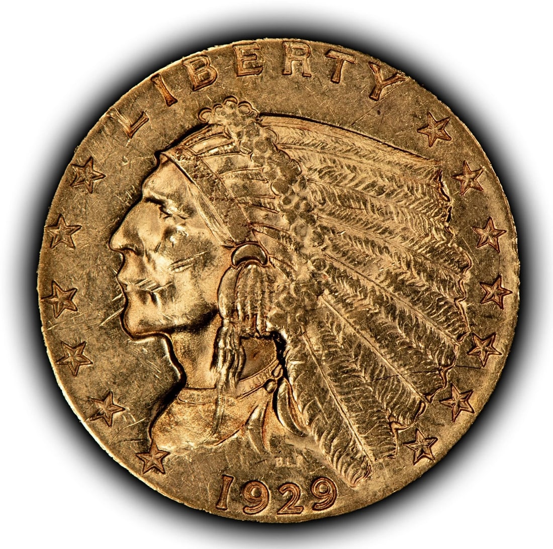 1929 G$2.50 INDIAN HEAD GOLD QUARTER EAGLE: 1929 G$2.50 Indian Head Gold Quarter Eagle Brand/Mint: U.S. Mint Year: 1929 Fineness: 0.9 Composition: Gold Coin: US Pre-1933 Gold Bullion Denomination: $2.50 Country of Origin: United St
