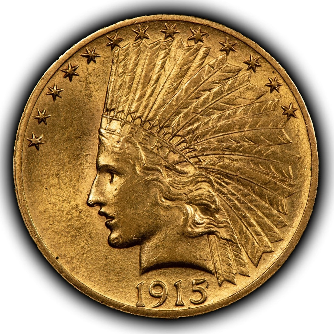 1915 G$10 INDIAN HEAD GOLD EAGLE: 1915 G$10 Indian Head Gold Eagle Brand/Mint: U.S. Mint Year: 1915 Fineness: 0.9 Composition: Gold Coin: US Pre-1933 Gold Bullion Denomination: $10 Country of Origin: United States
