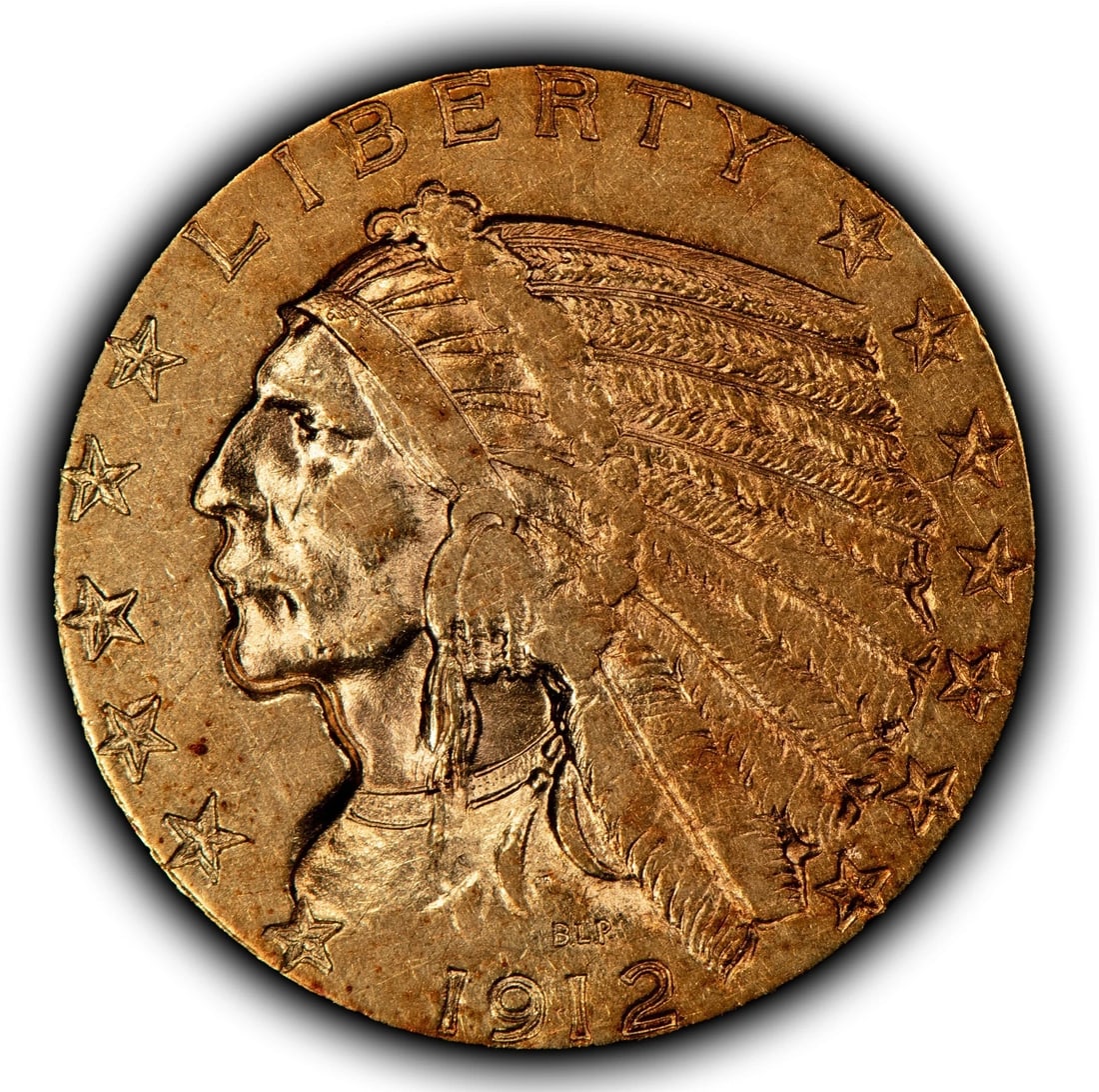 1912 G$5 INDIAN HEAD GOLD HALF EAGLE: 1912 G$5 Indian Head Gold Half Eagle Brand/Mint: U.S. Mint Year: 1912 Fineness: 0.9 Composition: Gold Coin: US Pre-1933 Gold Bullion Denomination: $5 Country of Origin: United States