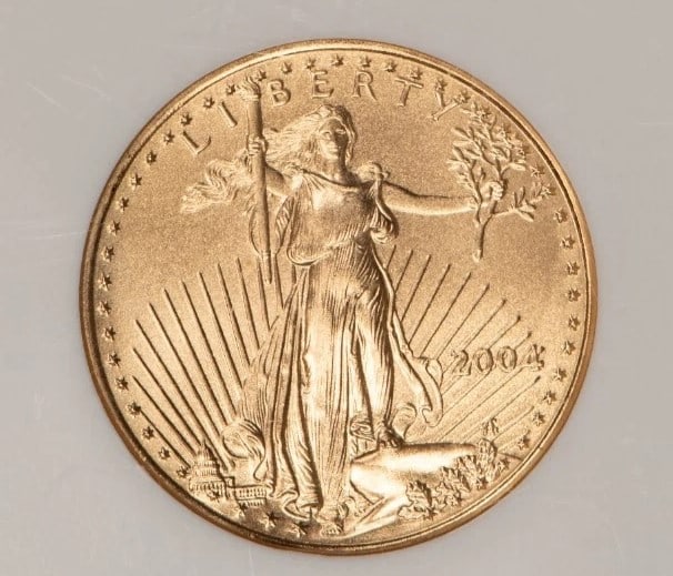 2004 G$25 1/2 OZ GOLD AMERICAN EAGLE: 2004 G$25 1/2 oz Gold American Eagle Brand/Mint: U.S. Mint Year: 2004 Fineness: 0.9167 Composition: Gold Coin: American Eagle Denomination: $25 Country of Origin: United States A