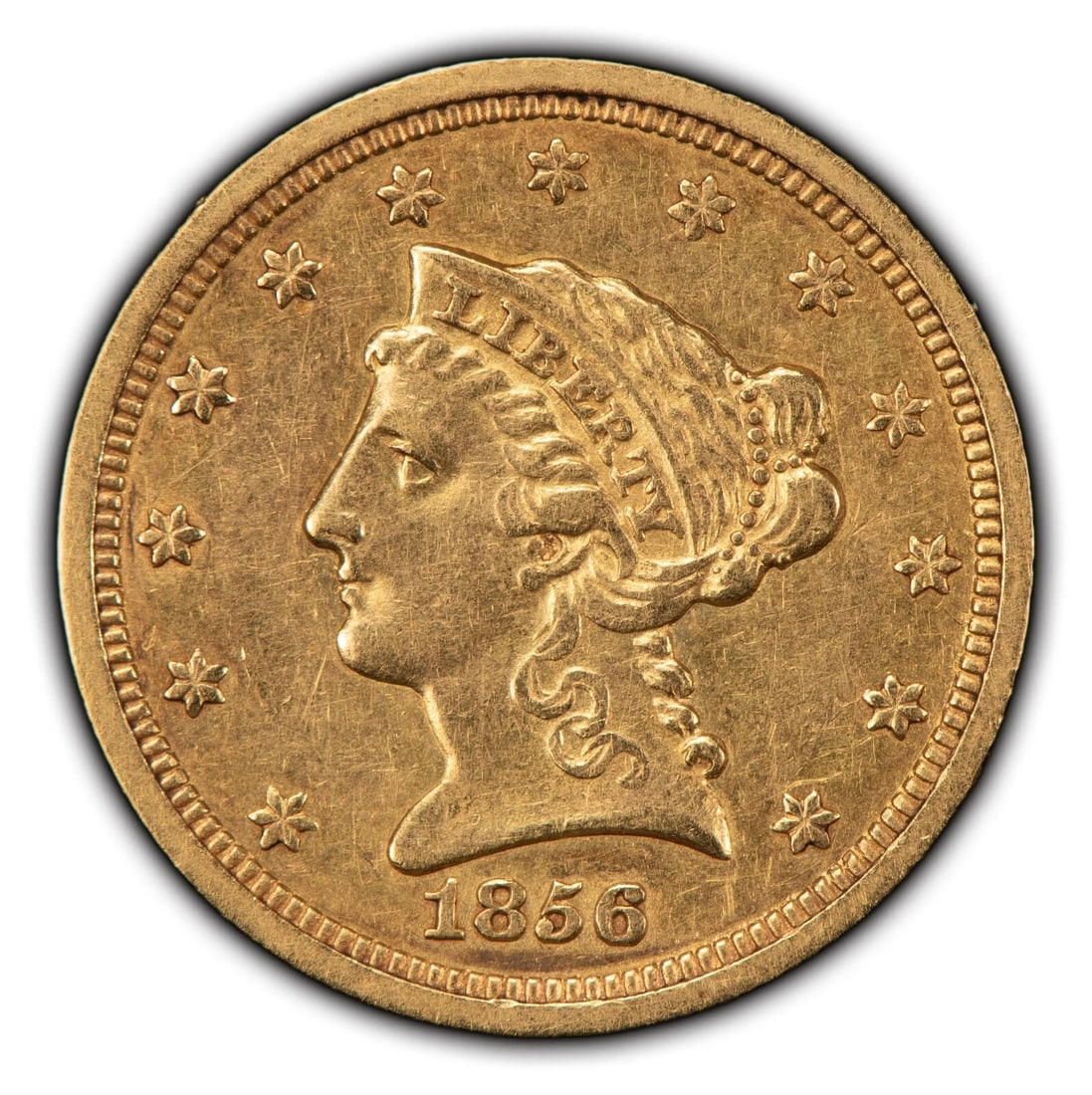 1856 G$2.50 LIBERTY HEAD GOLD QUARTER EAGLE: 1856 G$2.50 Liberty Head Gold Quarter Eagle Brand/Mint: U.S. Mint Year: 1856 Fineness: 0.9 Composition: Gold Coin: US Pre-1933 Gold Bullion Denomination: $2.50 Country of Origin: United S