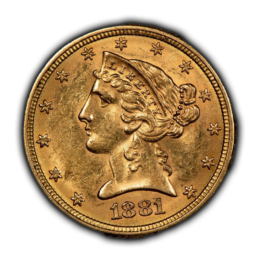 1881 G$5 LIBERTY HEAD GOLD HALF EAGLE: 1881 G$5 Liberty Head Gold Half Eagle Brand/Mint: U.S. Mint Year: 1881 Fineness: 0.9 Composition: Gold Coin: US Pre-1933 Gold Bullion Denomination: $5 Country of Origin: United States