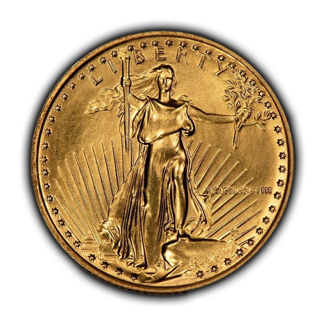 1988 G$10 1/4 OZ GOLD AMERICAN EAGLE: 1988 G$10 1/4 oz Gold American Eagle Brand/Mint: U.S. Mint Year: 1988 Fineness: 0.9167 Composition: Gold Coin: American Eagle Denomination: $10 Country of Origin: United States A
