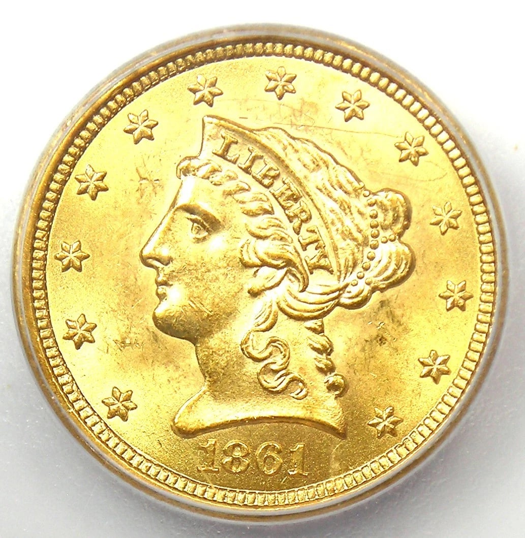 1861 LIBERTY GOLD QUARTER EAGLE $2.50 COIN: 1861 Liberty Gold Quarter Eagle $2.50 Coin Composition: Gold Year: 1861 Denomination: $2.50 Fineness: 0.9 Country of Origin: United States Accessories: None Accessories Notice: When purcha