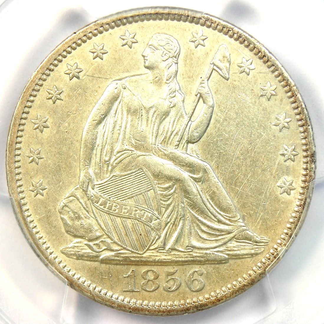 1856-S SEATED LIBERTY HALF DOLLAR 50C: 1856-S Seated Liberty Half Dollar 50C Composition: Silver Year: 1856 Denomination: 50C Fineness: 0.9 Country of Origin: United States Accessories: None Accessories Notice: When purchasing