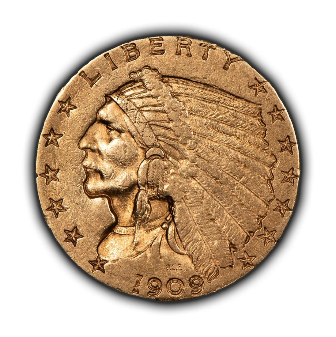 1909 G$2.50 INDIAN HEAD GOLD QUARTER EAGLE: 1909 G$2.50 Indian Head Gold Quarter Eagle Brand/Mint: U.S. Mint Year: 1909 Fineness: 0.9 Composition: Gold Coin: US Pre-1933 Gold Bullion Denomination: $2.50 Country of Origin: United St