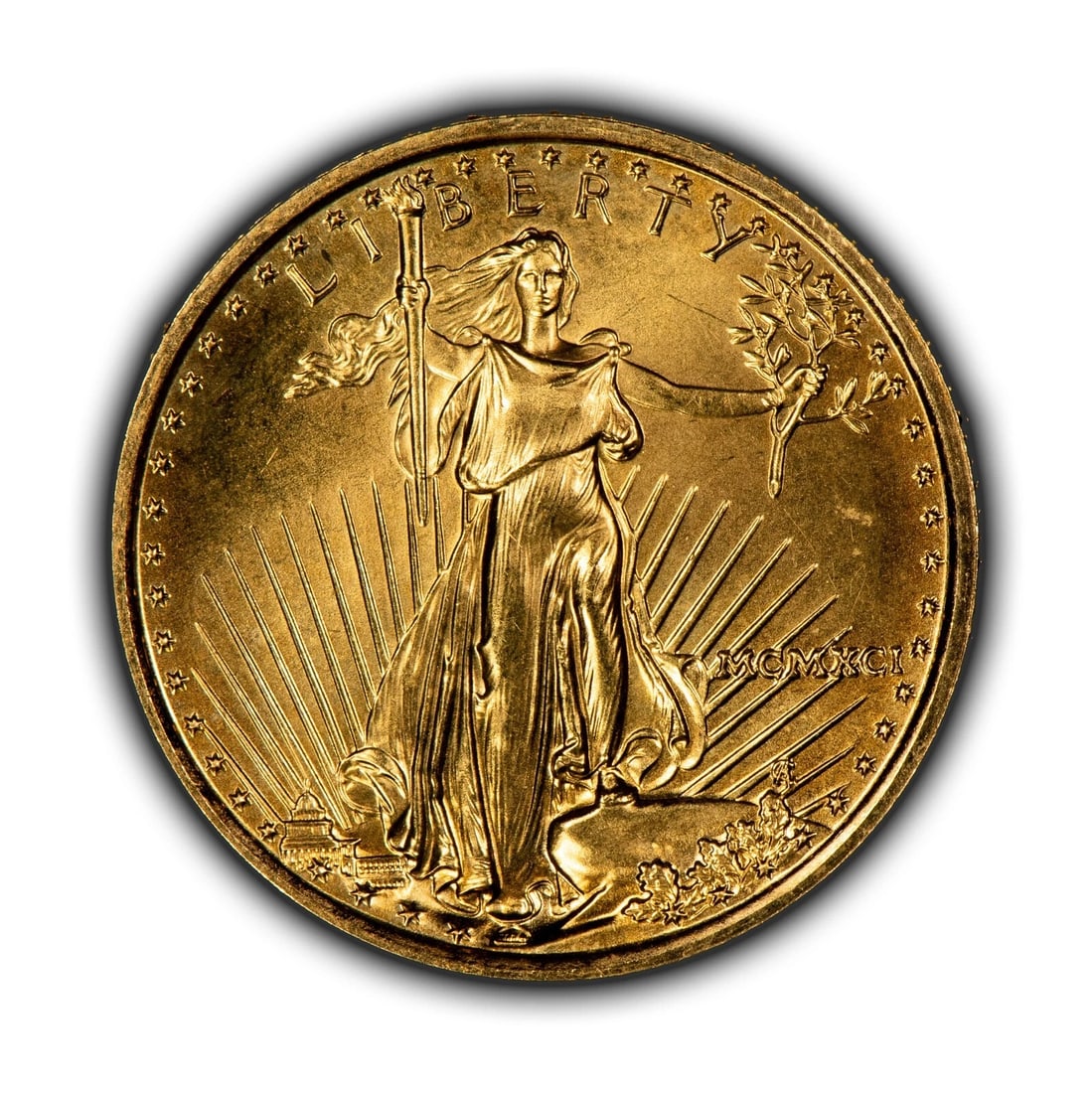 1991 G$10 1/4 OZ GOLD AMERICAN EAGLE: 1991 G$10 1/4 oz Gold American Eagle Brand/Mint: U.S. Mint Year: 1991 Fineness: 0.9167 Composition: Gold Coin: American Eagle Denomination: $10 Country of Origin: United States A