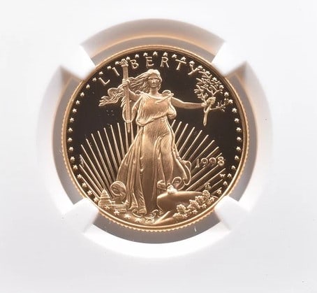 1998-W $25 AMERICAN GOLD EAGLE MERCANTI: 1998-W $25 American Gold Eagle Mercanti Grade : PF70 Composition : Gold Denomination : $25 Year : 1998 Country of Origin : None Mint Location : West Point Brand/Mint : None Acces