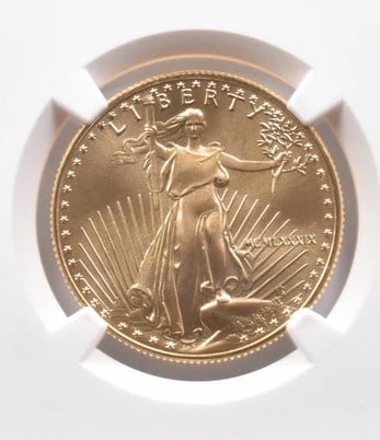 1989 $25 AMERICAN GOLD EAGLE: 1989 $25 American Gold Eagle Grade : MS70 Composition : Gold Denomination : $25 Year : 1989 Country of Origin : None Mint Location : None Brand/Mint : None Accessories: None