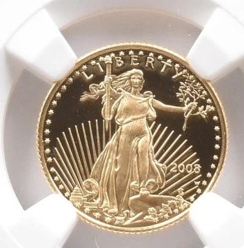 2008-W $5 AMERICAN GOLD EAGLE MERCANTI: 2008-W $5 American Gold Eagle Mercanti Grade : PF70 Composition : Gold Denomination : $5 Year : 2008 Country of Origin : None Mint Location : West Point Brand/Mint : None Accesso