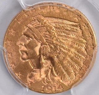 MS63 1914-D $2.50 INDIAN HEAD GOLD QUARTER EAGLE: MS63 1914-D $2.50 Indian Head Gold Quarter Eagle Grade : MS63 Composition : Gold Denomination : none Year : 1914 Country of Origin : none Mint Location : none Brand/Mint : none A