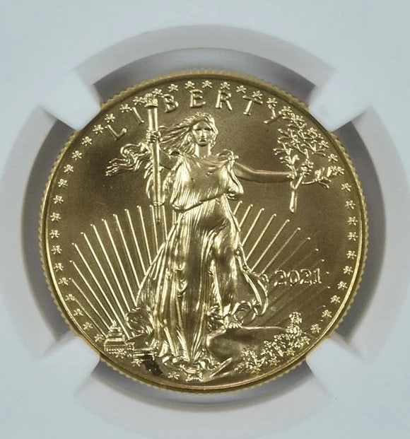 MINT ERROR 2021 $25 GOLD EAGLE: Mint Error 2021 $25 Gold Eagle Grade : MS69 Composition : Gold Denomination : $25 Year : 2021 Country of Origin : None Mint Location : None Brand/Mint : None Accessories: None