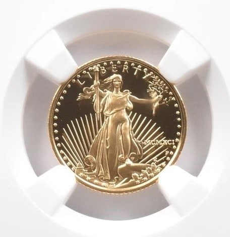1991-P $5 AMERICAN GOLD EAGLE MERCANTI: 1991-P $5 American Gold Eagle Mercanti Grade : PF70 Composition : Gold Denomination : $5 Year : 1991 Country of Origin : None Mint Location : Philadelphia Brand/Mint : None Acces