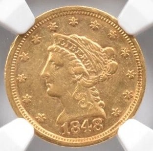 AU53 1848 $2.50 LIBERTY HEAD GOLD QUARTER EAGLE: AU53 1848 $2.50 Liberty Head Gold Quarter Eagle Grade : AU53 Composition : Gold Denomination : none Year : 1848 Country of Origin : none Mint Location : none Brand/Mint : none Ac