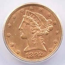 1892-CC $5 LIBERTY HEAD GOLD HALF EAGLE: 1892-CC $5 Liberty Head Gold Half Eagle Grade : AU58 Composition : Gold Denomination : $5 Year : 1892 Country of Origin : none Mint Location : Carson City Brand/Mint : none Acces