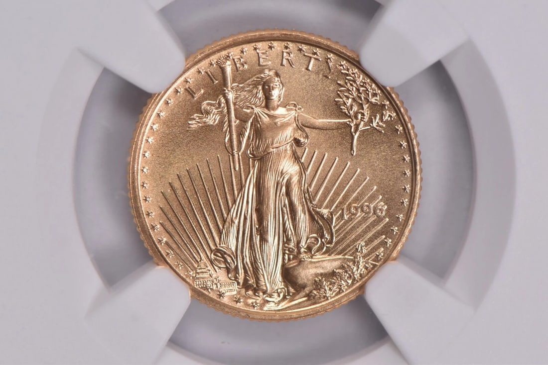 1996 $5 1/10 TH OZ GOLD AMERICAN EAGLE: 1996 $5 1/10 th Oz Gold American Eagle Grade : MS70 Composition : Gold Denomination : None Year : 1996 Country of Origin : United States Mint Location : None Brand/Mint : None Ac