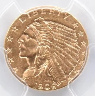 1909 $2.50 INDIAN HEAD GOLD QUARTER EAGLE: 1909 $2.50 Indian Head Gold Quarter Eagle Grade : MS63 Composition : Gold Denomination : none Year : 1909 Country of Origin : none Mint Location : none Brand/Mint : none Accessor