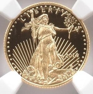 2014-W $5 AMERICAN GOLD EAGLE MERCANTI: 2014-W $5 American Gold Eagle Mercanti Grade : PF70 Composition : Gold Denomination : $5 Year : 2014 Country of Origin : None Mint Location : West Point Brand/Mint : None Accesso