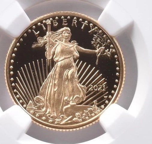 2021-W $10 AMERICAN GOLD EAGLE: 2021-W $10 American Gold Eagle Grade : PF70 Composition : Gold Denomination : $10 Year : 2021 Country of Origin : None Mint Location : West Point Brand/Mint : None Accessories: N