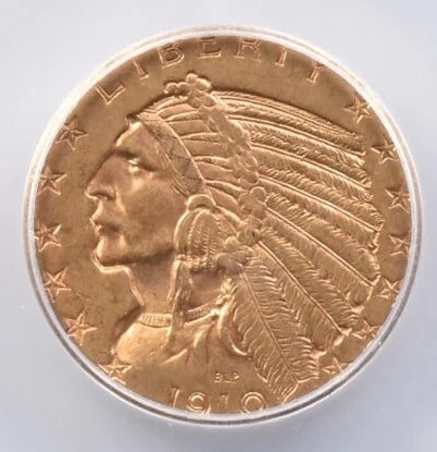 1910-S $5 INDIAN HEAD GOLD HALF EAGLE: 1910-S $5 Indian Head Gold Half Eagle Grade : MS61 Composition : Gold Denomination : $5 Year : 1910 Country of Origin : none Mint Location : San Francisco Brand/Mint : none Acces