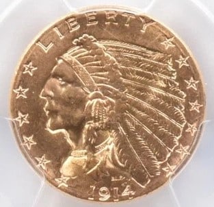 1914-D $2.50 INDIAN HEAD GOLD QUARTER EAGLE: 1914-D $2.50 Indian Head Gold Quarter Eagle Grade : MS63 Composition : Gold Denomination : $2.50 Year : 1914 Country of Origin : None Mint Location : Denver Brand/Mint : None Acc