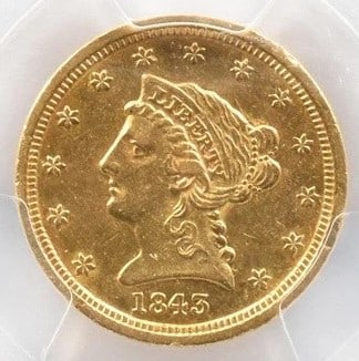 1843-D $2.50 LIBERTY HEAD GOLD QUARTER EAGLE: 1843-D $2.50 Liberty Head Gold Quarter Eagle Grade : AU53 Composition : Gold Denomination : $2.50 Year : 1843 Country of Origin : none Mint Location : Denver Brand/Mint : none Ac