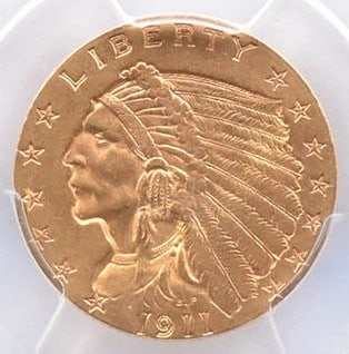 1911 $2.50 INDIAN HEAD GOLD QUARTER EAGLE: 1911 $2.50 Indian Head Gold Quarter Eagle Grade : MS62 Composition : Gold Denomination : $2.50 Year : 1911 Country of Origin : none Mint Location : none Brand/Mint : none Accesso