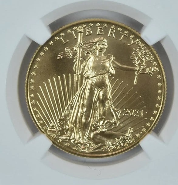 MINT ERROR 2021 $25 GOLD EAGLE: Mint Error 2021 $25 Gold Eagle Grade : MS69 Composition : Gold Denomination : $25 Year : 2021 Country of Origin : None Mint Location : None Brand/Mint : None Accessories: None