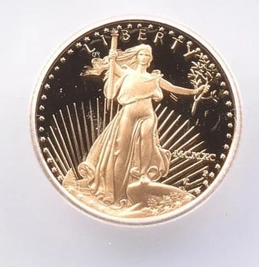 1990-P $5 AMERICAN GOLD EAGLE: 1990-P $5 American Gold Eagle Grade : PR70 Composition : Gold Denomination : $5 Year : 1990 Country of Origin : None Mint Location : Philadelphia Brand/Mint : None Accessories: None