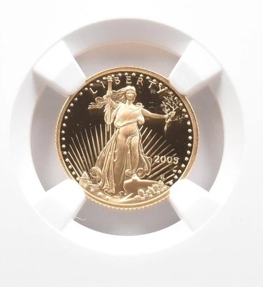 2005-W $5 AMERICAN GOLD EAGLE MERCANTI: 2005-W $5 American Gold Eagle Mercanti Grade : PF70 Composition : Gold Denomination : $5 Year : 2005 Country of Origin : None Mint Location : West Point Brand/Mint : None Accesso