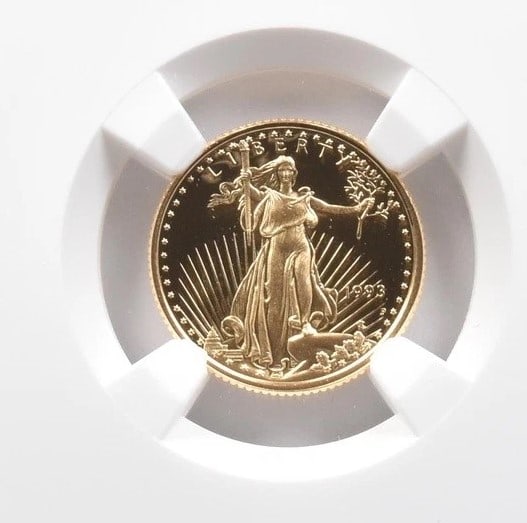 1993-P $5 AMERICAN GOLD EAGLE MERCANTI: 1993-P $5 American Gold Eagle Mercanti Grade : PF70 Composition : Gold Denomination : $5 Year : 1993 Country of Origin : None Mint Location : Philadelphia Brand/Mint : None Acces