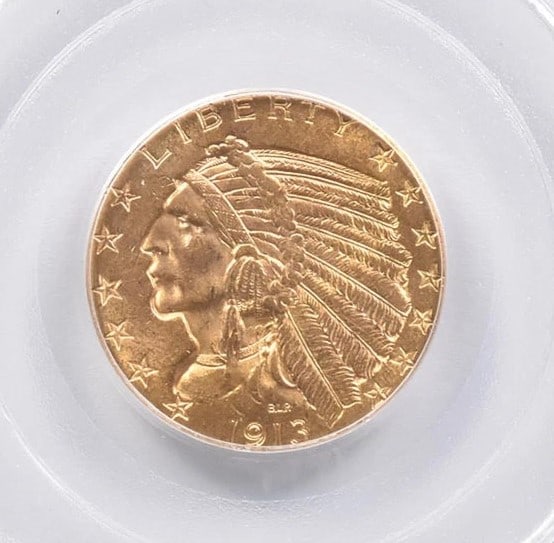 1913 $5 INDIAN HEAD GOLD HALF EAGLE: 1913 $5 Indian Head Gold Half Eagle Grade : MS63 Composition : Gold Denomination : $5 Year : 1913 Country of Origin : None Mint Location : None Brand/Mint : None Accessories: Non