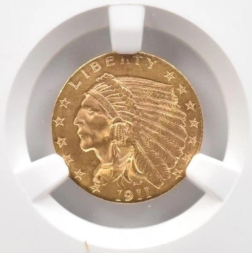 1911 $2.50 INDIAN HEAD GOLD QUARTER EAGLE: 1911 $2.50 Indian Head Gold Quarter Eagle Grade : MS62 Composition : Gold Denomination : $2.50 Year : 1911 Country of Origin : None Mint Location : None Brand/Mint : None Accesso