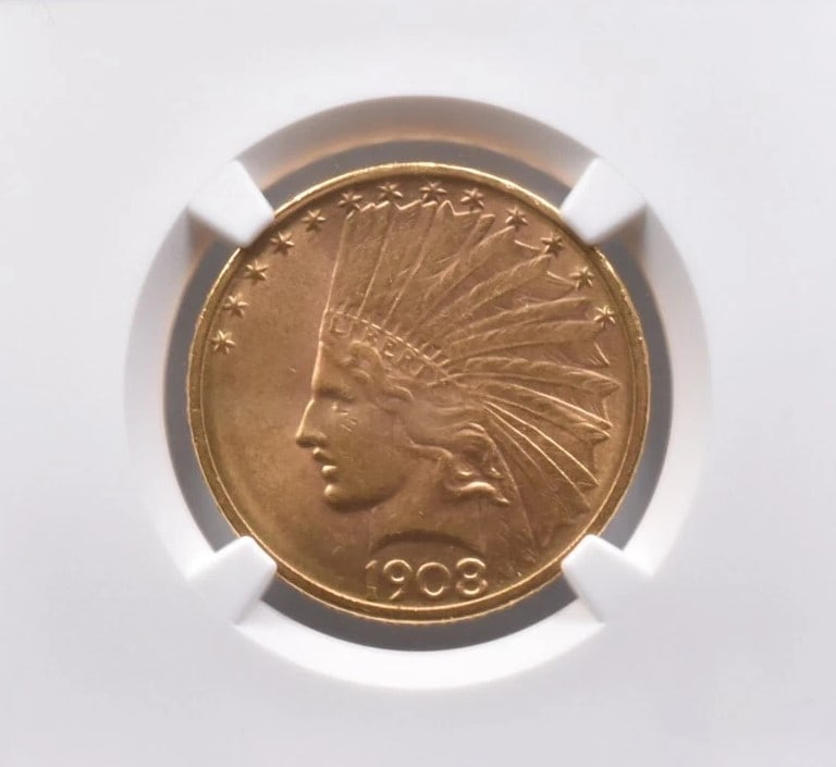 1908-D NO MOTTO $10 INDIAN HEAD GOLD EAGLE: 1908-D No Motto $10 Indian Head Gold Eagle Grade : MS63 Composition : Gold Denomination : $10 Year : 1908 Country of Origin : None Mint Location : None Brand/Mint : None Accessor