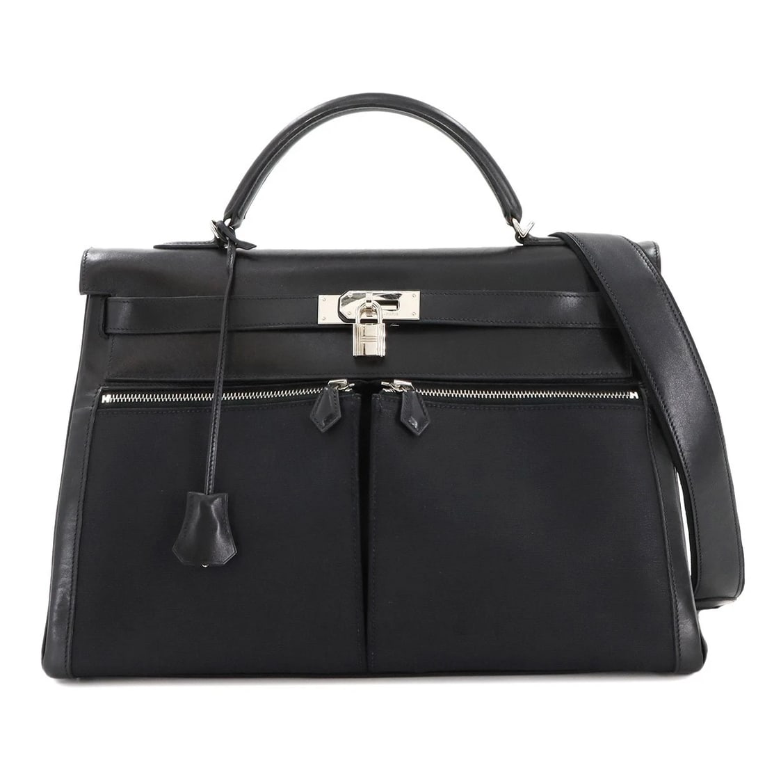 HERMES KELLY LAKIS 40 2WAY HAND SHOULDER BAG BOX CALF BLACK: HERMES Kelly Lakis 40 2way Hand Shoulder Bag Box Calf Black Brand: HERMES Type: Hand Bag / Shoulder Bag Material: Box Calf , Toile Officier Color: Black Size: W 15.94 inch, H 10.04 inch, D 5.71 in