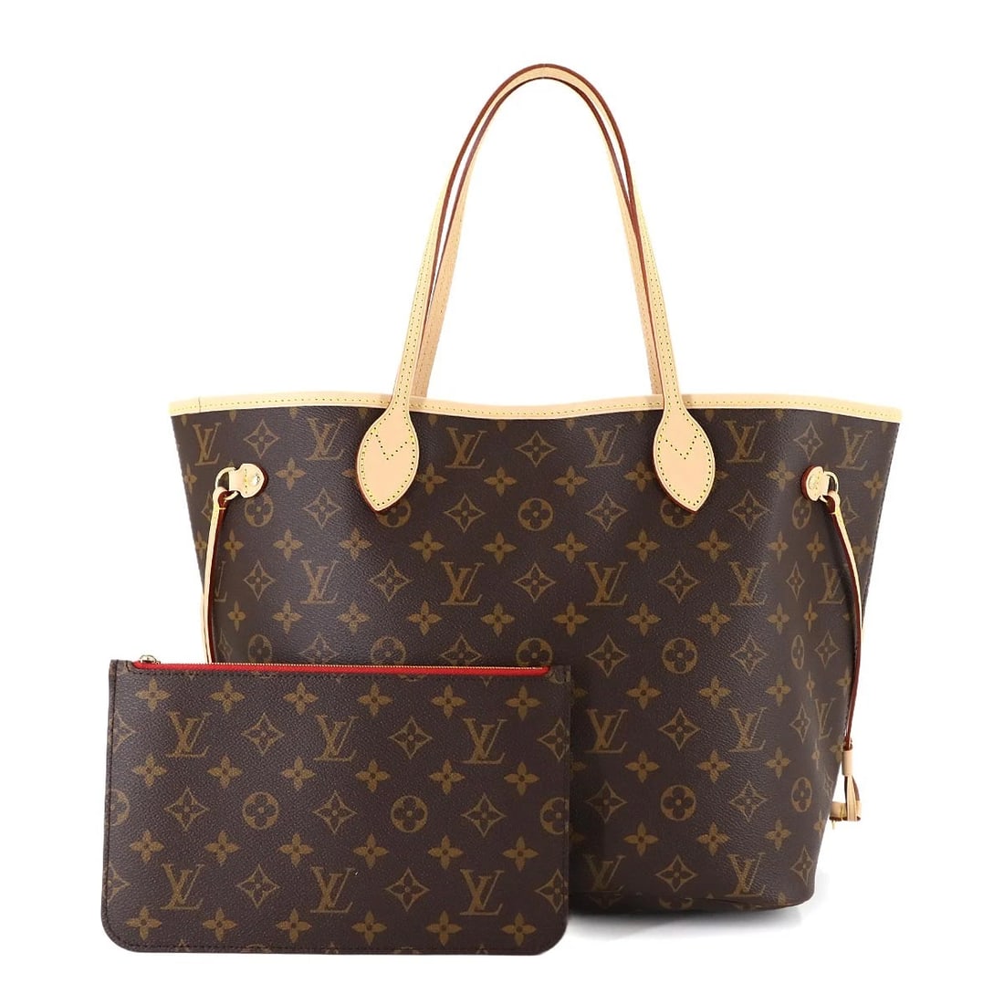 LOUIS VUITTON MONOGRAM NEVERFULL MM TOTE BAG BROWN: LOUIS VUITTON Monogram Neverfull MM Tote Bag Brown Brand: LOUIS VUITTON Type: Tote Bag Material: Mongoram Canvas Color: Mongoram , Cerise Size: W 12.60 inch, H 11.02 inch, D 6.30 inch Handle 17.7i