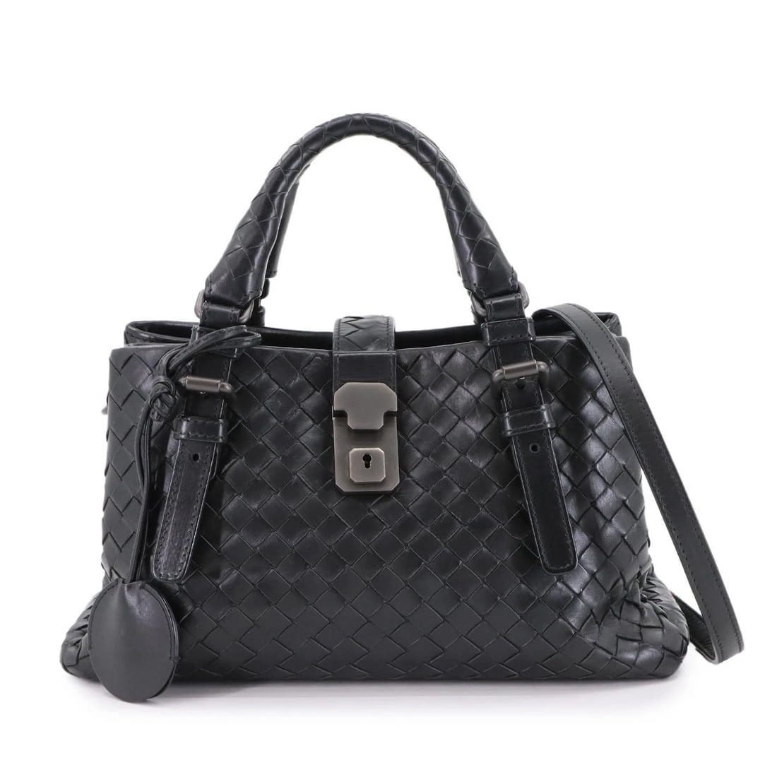 BOTTEGA VENETA BABY ROMA INTRECCIATO HAND SHOULDER BAG LETHER BLACK: BOTTEGA VENETA Baby Roma Intrecciato Hand Shoulder Bag Lether Black Brand: BOTTEGA VENETA Type: Hand Bag / Shoulder Bag Material: Leather Color: Black Size: W 9.84 inch, H 5.71 inch, D 4.72 inch H