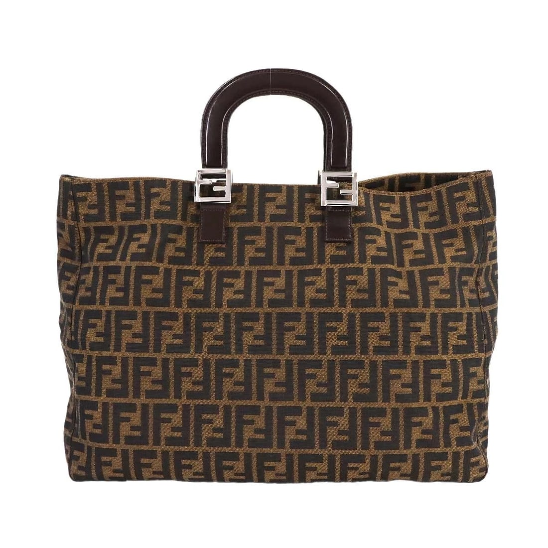 FENDI ZUCCA HAND BAG CANVAS LEATHER BROWN BLACK PURSE: FENDI Zucca Hand Bag Canvas Leather Brown Black Purse Brand: FENDI Type: Hand Bag Material: Canvas , Leather Color: Brown , Black Size: W 15.94 inch, H 11.81 inch, D 6.10 inch Handle 11.8inch (30c