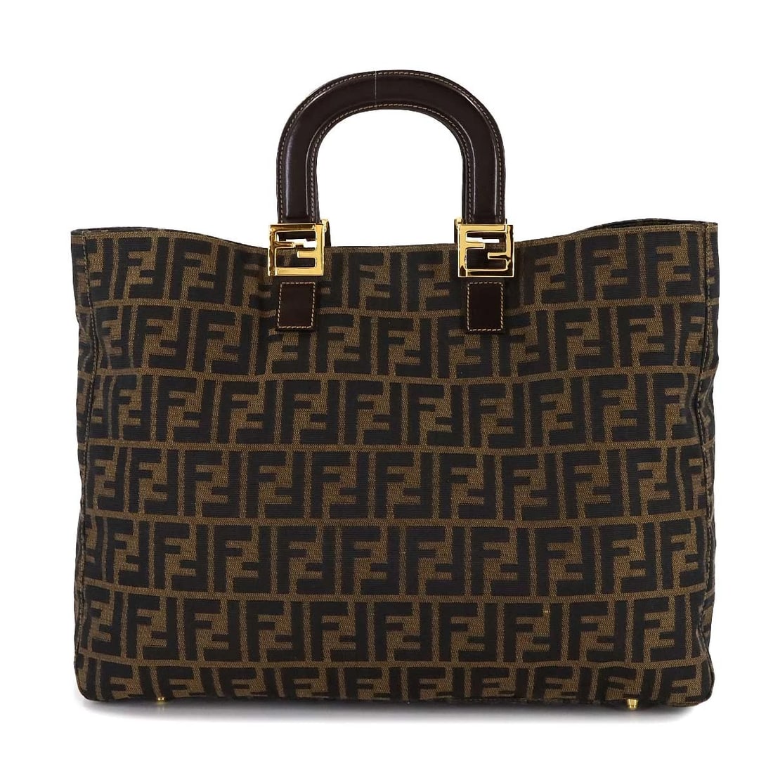 FENDI ZUCCA TOTE BAG CANVAS LEATHER BROWN BLACK FF PURSE: FENDI Zucca Tote Bag Canvas Leather Brown Black FF Purse Brand: FENDI Type: Tote Bag Material: Canvas , Leather Color: Brown , Black Size: W 16.34 inch, H 12.01 inch, D 5.91 inch Accessories: Non