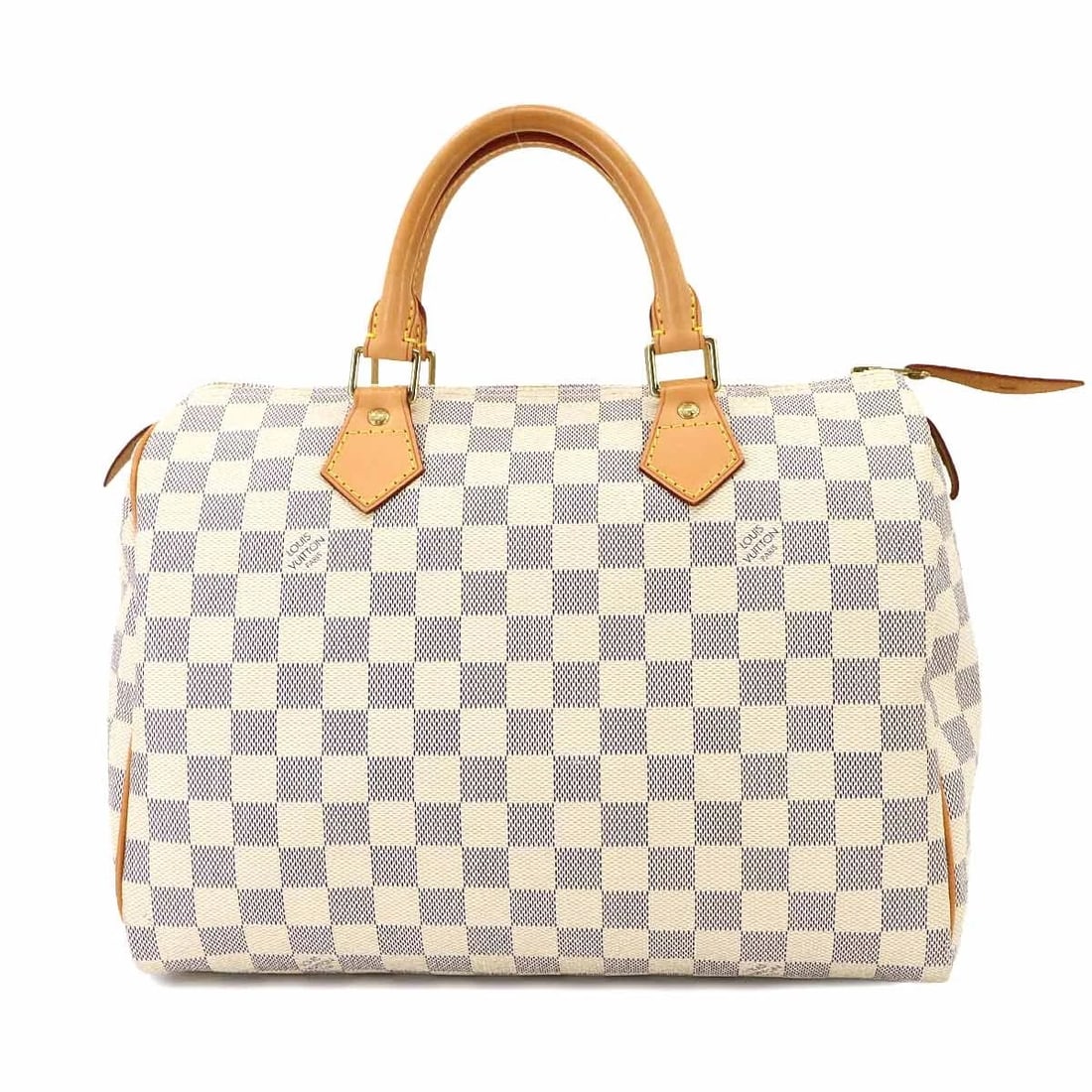 LOUIS VUITTON DAMIER AZUR SPEEDY 30 HAND BAG WHITE PURSE: LOUIS VUITTON Damier Azur Speedy 30 Hand Bag white Purse Brand: LOUIS VUITTON Type: Hand Bag Material: Damier Azur Canvas Color: Damier Azur Size: W 12.01 inch, H 8.27 inch, D 6.69 inch Handle 9.1