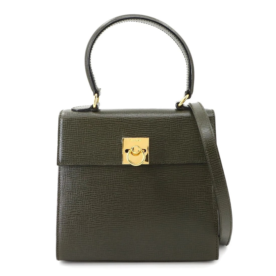 CELINE GANCINI 2WAY HAND SHOULDER BAG LEATHER KHAKI VINTAGE: CELINE Gancini 2way Hand Shoulder Bag Leather Khaki Vintage Brand: CELINE Type: Hand Bag / Shoulder Bag Material: Leather Color: Khaki Size: W 7.48 inch, H 6.69 inch, D 3.35 inch Handle 11.4inch (